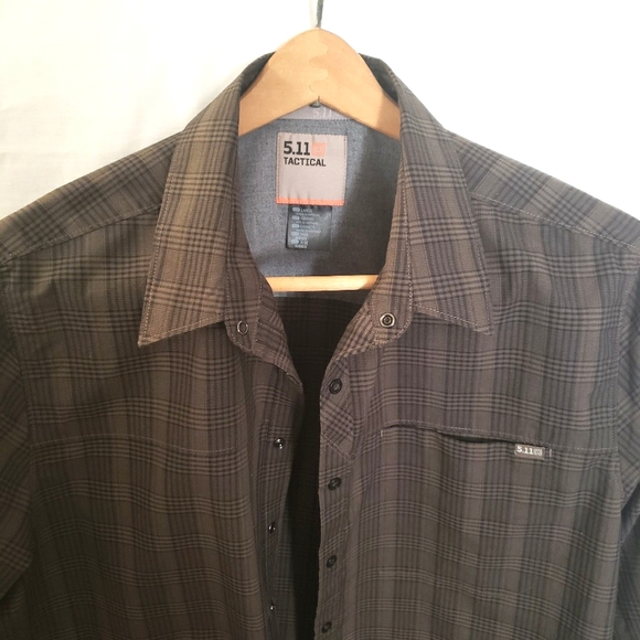 511 Tactical Shirt Mens L  Large Snap Button Green & Black Plaid Long Sleeve - Picture 3 of 11
